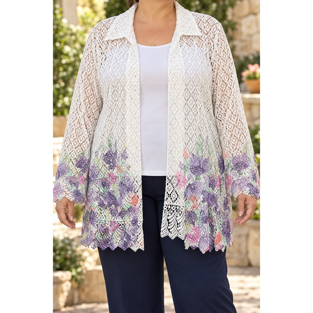 Alfred Dunner Woman White Lace Floral Cardigan Pastel Open Front 24W